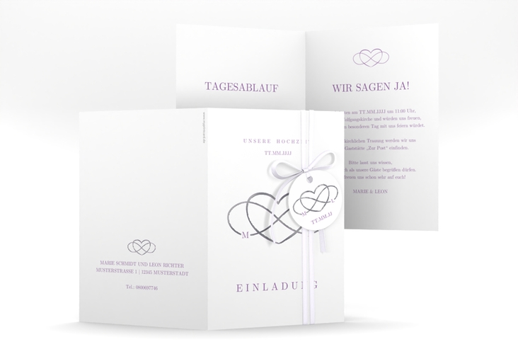 Einladungskarte Hochzeit Infinity A6 Klappkarte hoch lila silber