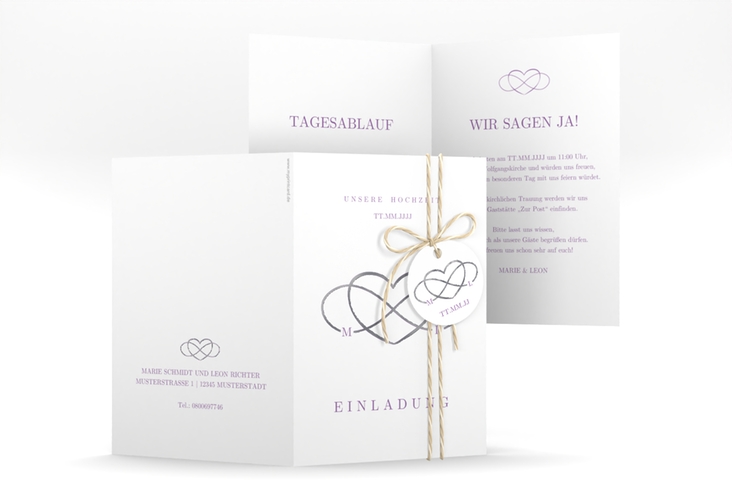 Einladungskarte Hochzeit Infinity A6 Klappkarte hoch lila silber