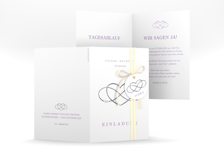 Einladungskarte Hochzeit Infinity A6 Klappkarte hoch lila silber
