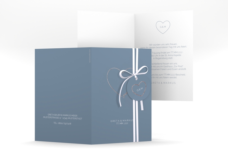 Einladungskarte Hochzeit Lebenstraum A6 Klappkarte hoch blau rosegold