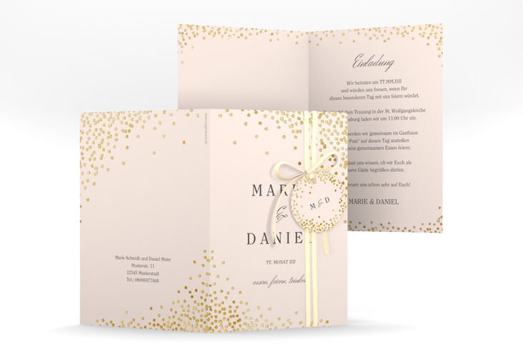Einladungskarte Hochzeit Glitter A6 Klappkarte hoch rosa gold