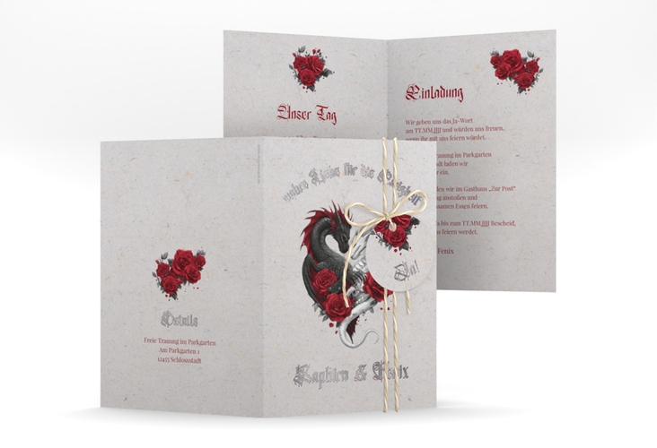 Einladungskarte Hochzeit Drachenliebe A6 Klappkarte hoch grau silber mit schwarzem und weißem Drachen zu einem Herz verschlungen