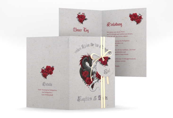 Einladungskarte Hochzeit Drachenliebe A6 Klappkarte hoch grau silber mit schwarzem und weißem Drachen zu einem Herz verschlungen