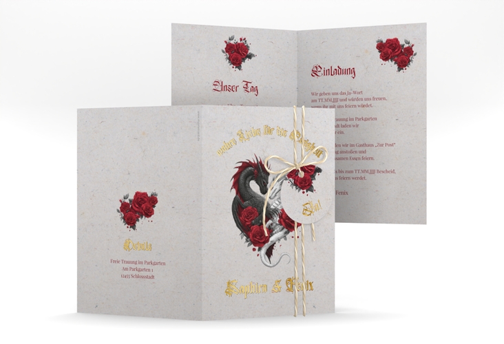 Einladungskarte Hochzeit Drachenliebe A6 Klappkarte hoch grau gold mit schwarzem und weißem Drachen zu einem Herz verschlungen
