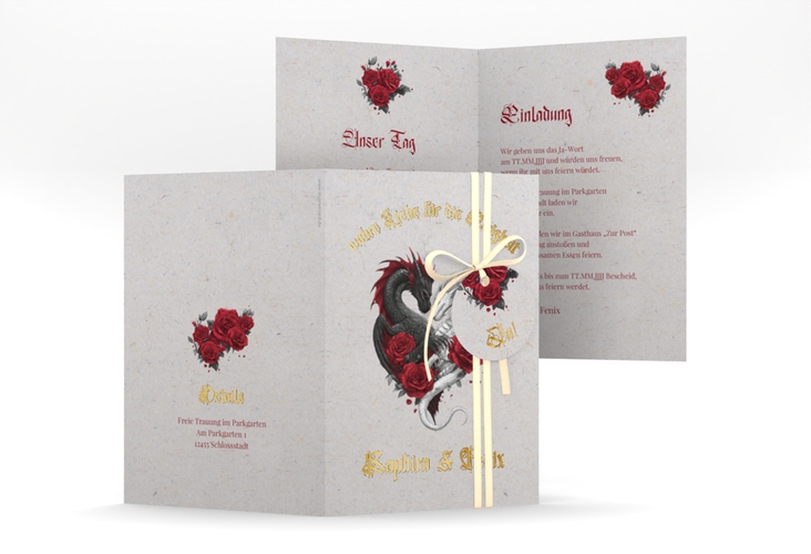 Einladungskarte Hochzeit Drachenliebe A6 Klappkarte hoch grau gold mit schwarzem und weißem Drachen zu einem Herz verschlungen