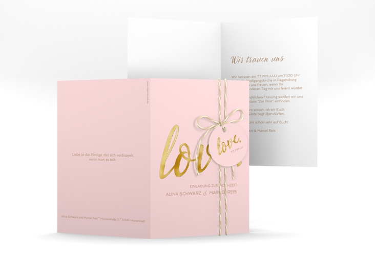 Einladungskarte Hochzeit Glam A6 Klappkarte hoch rosa gold