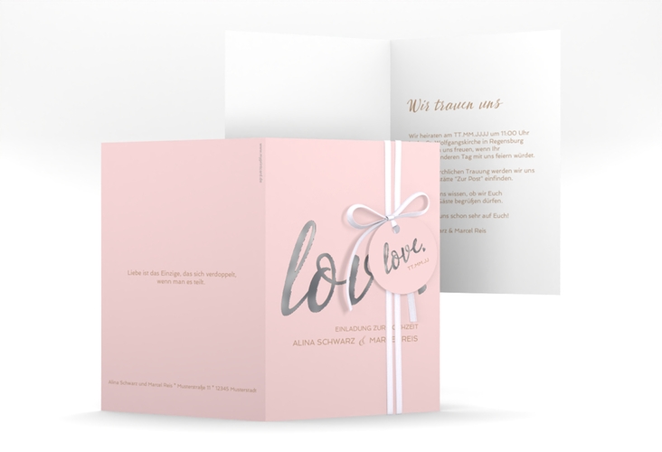 Einladungskarte Hochzeit Glam A6 Klappkarte hoch rosa silber
