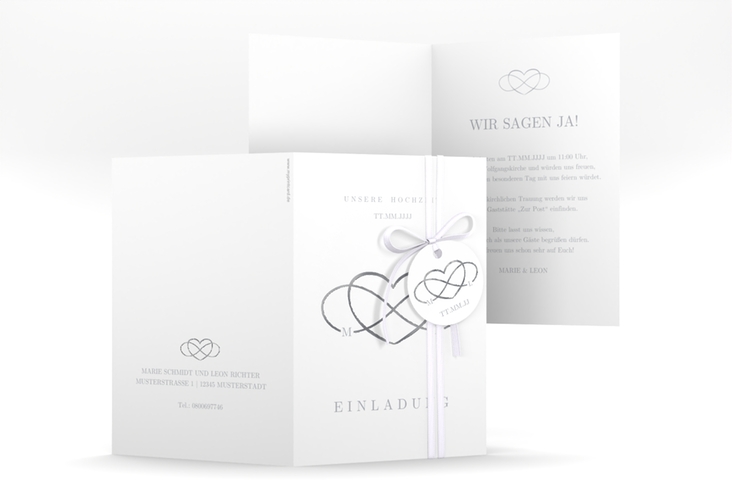 Einladungskarte Hochzeit Infinity A6 Klappkarte hoch grau silber
