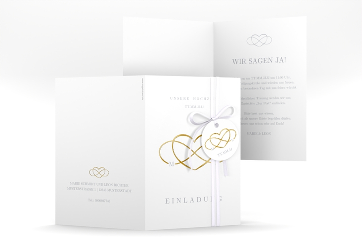 Einladungskarte Hochzeit Infinity A6 Klappkarte hoch grau gold