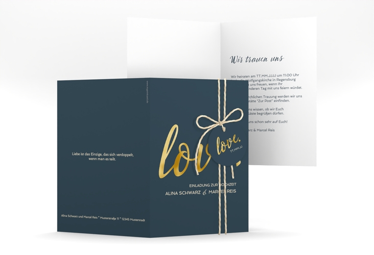Einladungskarte Hochzeit Glam A6 Klappkarte hoch blau gold