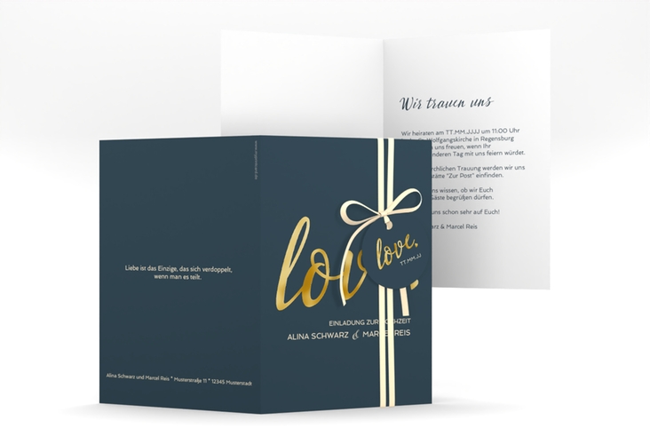 Einladungskarte Hochzeit Glam A6 Klappkarte hoch blau gold