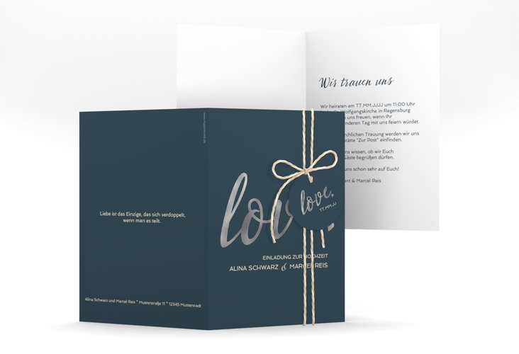 Einladungskarte Hochzeit Glam A6 Klappkarte hoch blau silber