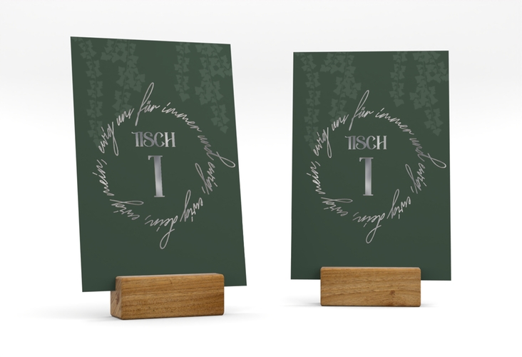 Tischnummer Hochzeit Efeugrün Tischaufsteller silber im Fantasy-Elfen-Design mit Efeu