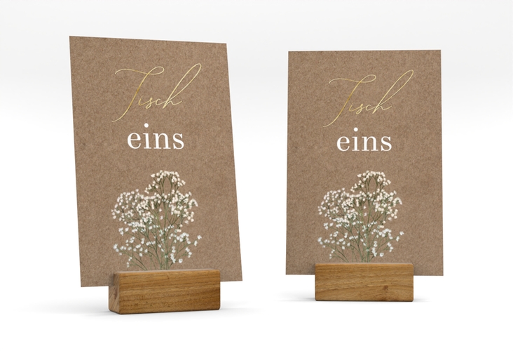 Tischnummer Hochzeit Schleierkraut Tischaufsteller gold