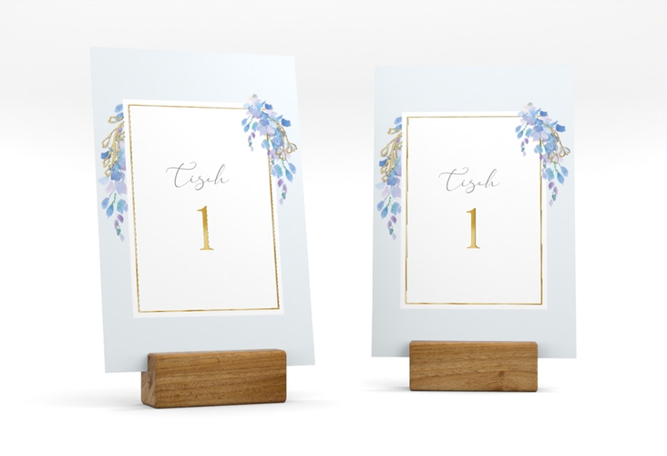 Tischnummer Hochzeit Blauregen Tischaufsteller gold mit Wisteria-Blüten