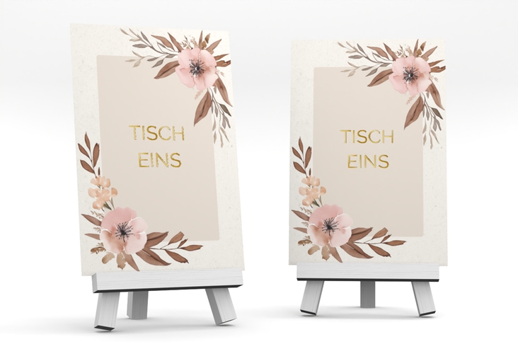 Tischnummer Hochzeit Modest Tischaufsteller gold mit elegantem Blumen-Aquarell