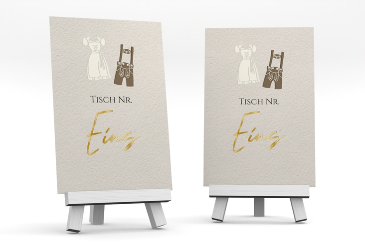 Tischnummer Hochzeit Trachtenhochzeit Tischaufsteller gold mit Dirndl und Lederhose