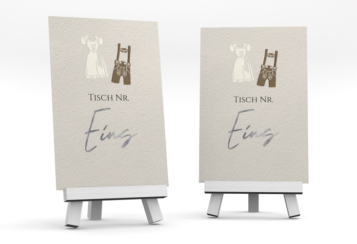 Tischnummer Hochzeit Trachtenhochzeit Tischaufsteller silber mit Dirndl und Lederhose