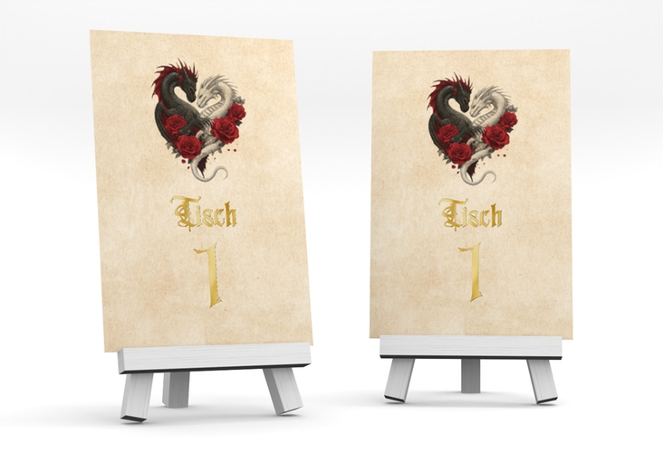 Tischnummer Hochzeit Drachenliebe Tischaufsteller gold mit schwarzem und weißem Drachen zu einem Herz verschlungen