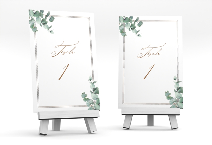 Tischnummer Hochzeit Eucalypt Tischaufsteller silber mit Eukalyptus und edlem Rahmen