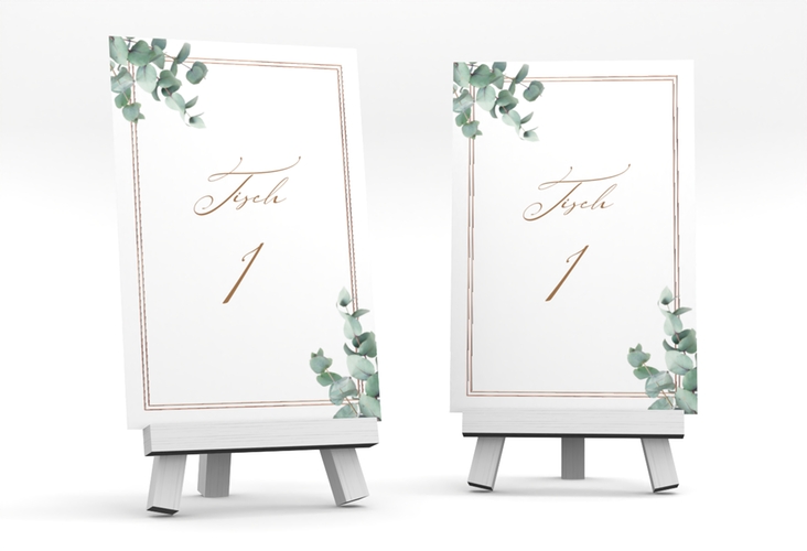 Tischnummer Hochzeit Eucalypt Tischaufsteller rosegold mit Eukalyptus und edlem Rahmen