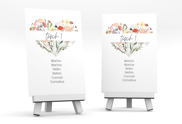 Tischaufsteller Hochzeit Wildblumenherz Tischaufsteller silber