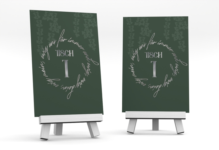 Tischnummer Hochzeit Efeugrün Tischaufsteller silber im Fantasy-Elfen-Design mit Efeu