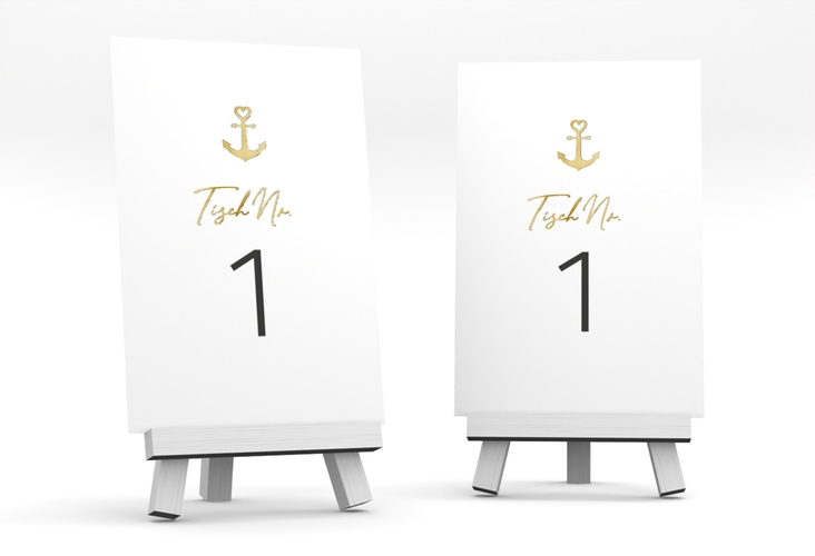 Tischnummer Hochzeit Ankerliebe Tischaufsteller gold im minimalistischen maritimen Design mit Anker