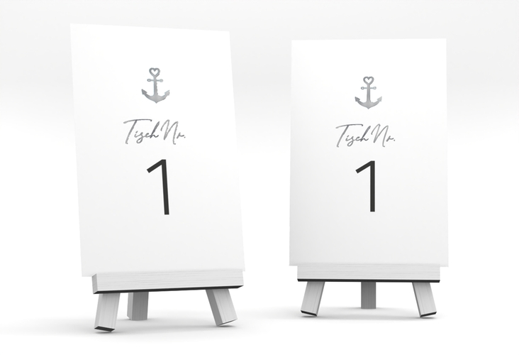 Tischnummer Hochzeit Ankerliebe Tischaufsteller silber im minimalistischen maritimen Design mit Anker