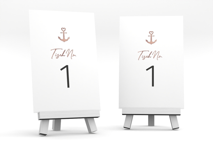 Tischnummer Hochzeit Ankerliebe Tischaufsteller rosegold im minimalistischen maritimen Design mit Anker