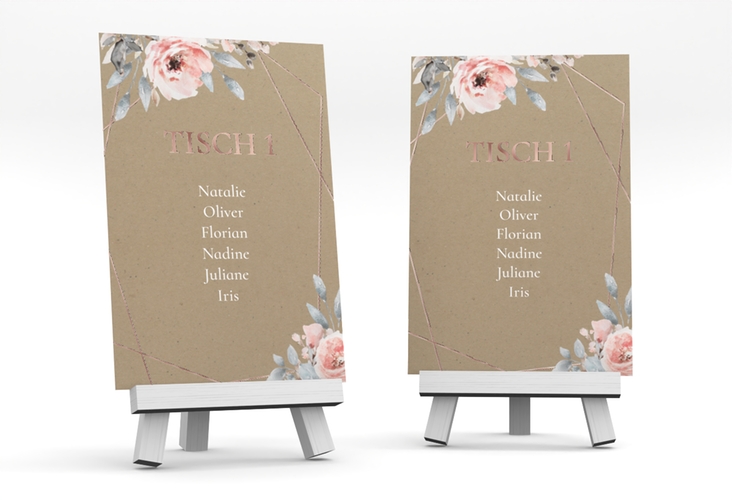 Tischaufsteller Hochzeit Perfection Tischaufsteller rosegold mit rosa Rosen