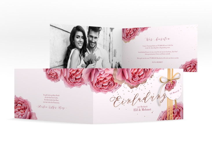 Hochzeitseinladung Cherie lange Klappkarte quer rosa rosegold