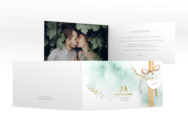 Hochzeitseinladung Pastell lange Klappkarte quer mint gold