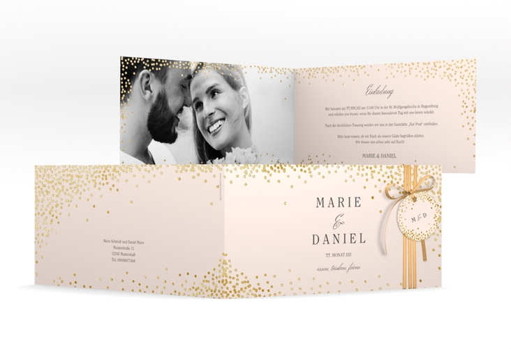 Hochzeitseinladung Glitter lange Klappkarte quer rosa gold