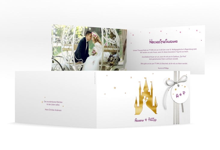 Hochzeitseinladung Castle lange Klappkarte quer pink gold