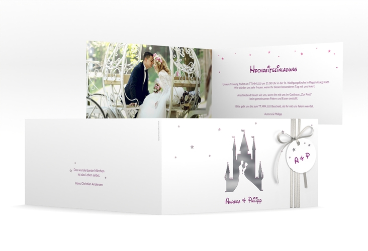 Hochzeitseinladung Castle lange Klappkarte quer pink silber