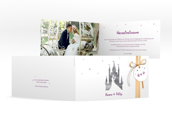 Hochzeitseinladung Castle lange Klappkarte quer pink silber