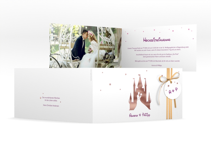 Hochzeitseinladung Castle lange Klappkarte quer pink rosegold