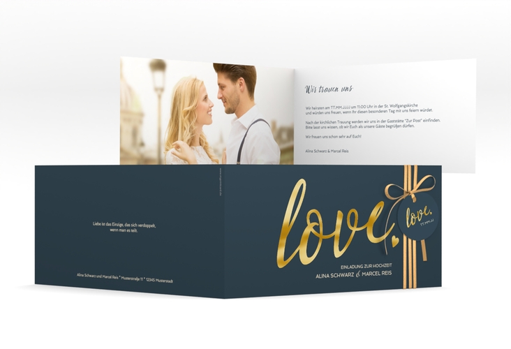 Hochzeitseinladung Glam lange Klappkarte quer blau gold