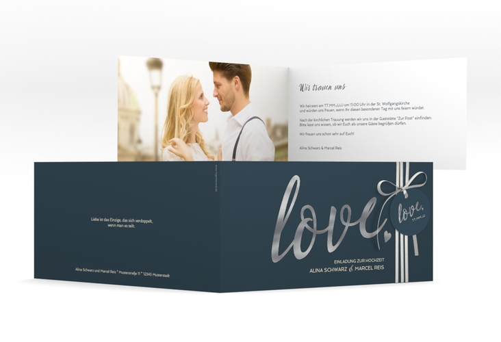 Hochzeitseinladung Glam lange Klappkarte quer blau silber