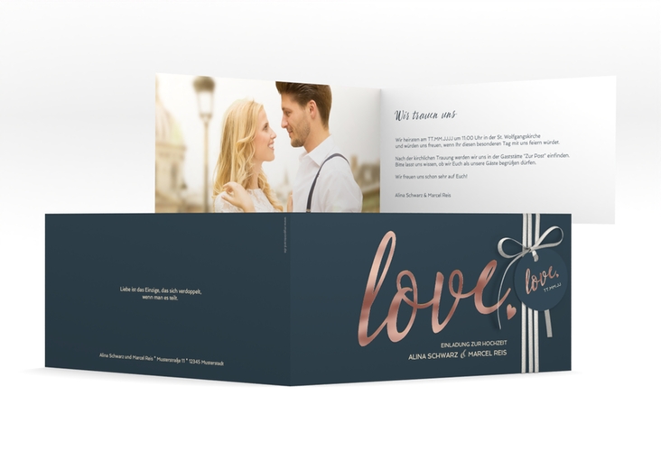 Hochzeitseinladung Glam lange Klappkarte quer blau rosegold