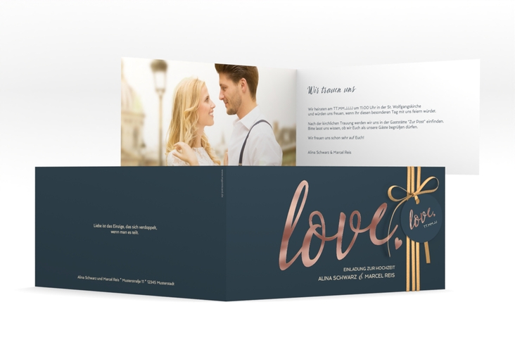 Hochzeitseinladung Glam lange Klappkarte quer blau rosegold
