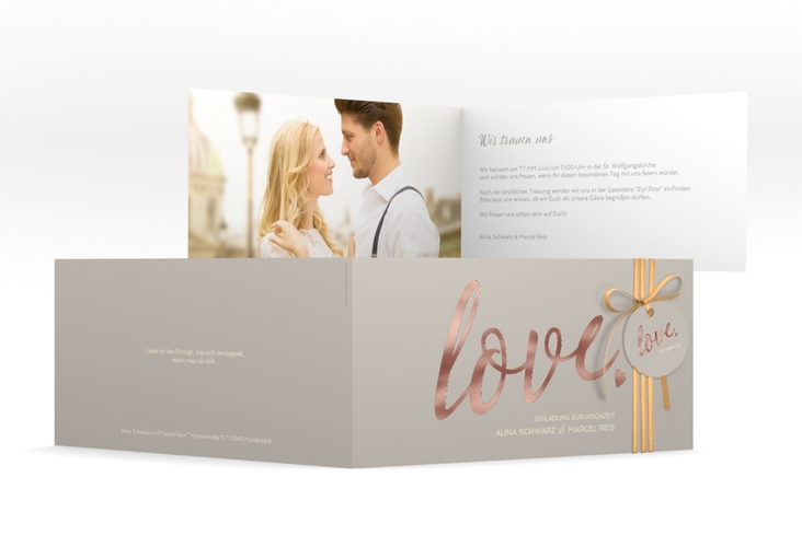 Hochzeitseinladung Glam lange Klappkarte quer grau rosegold
