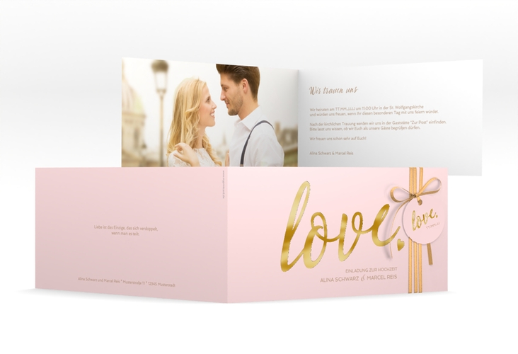 Hochzeitseinladung Glam lange Klappkarte quer rosa gold