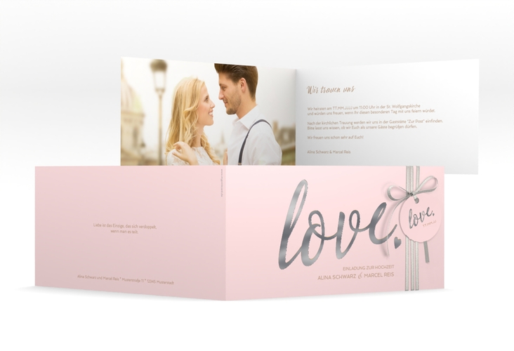 Hochzeitseinladung Glam lange Klappkarte quer rosa silber