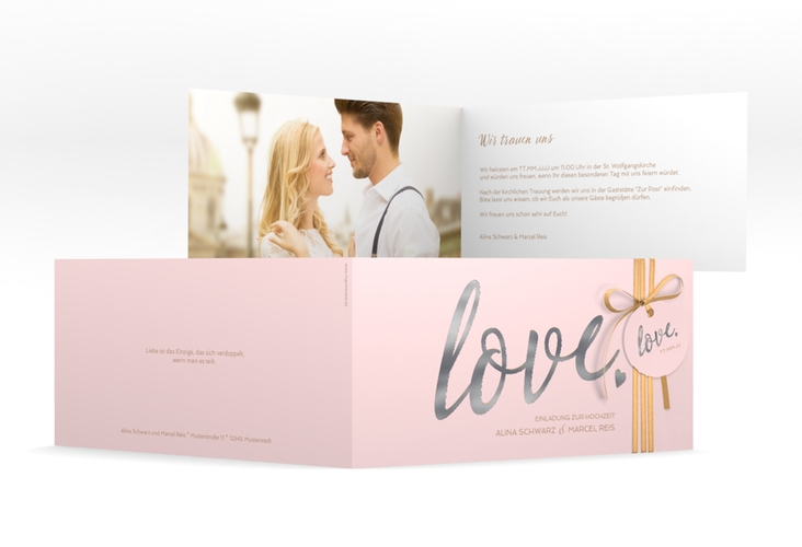 Hochzeitseinladung Glam lange Klappkarte quer rosa silber