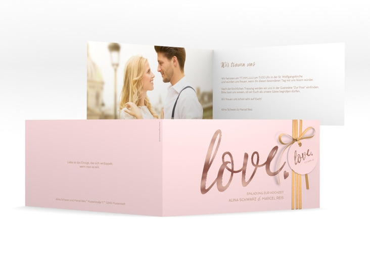 Hochzeitseinladung Glam lange Klappkarte quer rosa rosegold