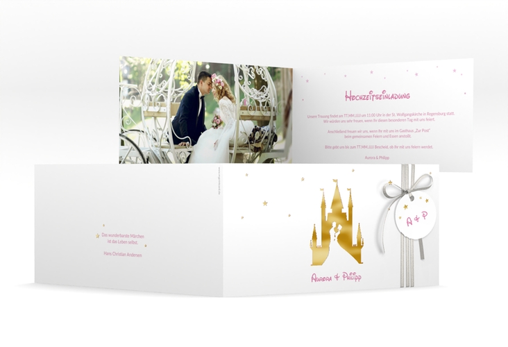 Hochzeitseinladung Castle lange Klappkarte quer rosa gold