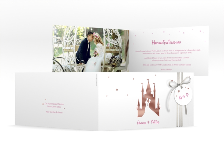 Hochzeitseinladung Castle lange Klappkarte quer rosa rosegold
