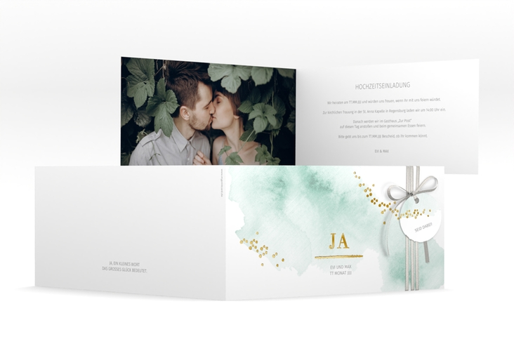 Hochzeitseinladung Pastell lange Klappkarte quer mint gold